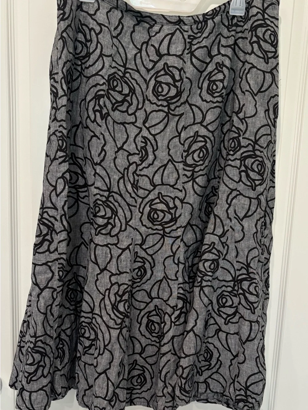 JM Collection Linen Panel Midi Skirt Black Line Art Roses Lagenlook Size 14 EUC